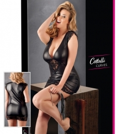 Cottelli Plus Size - lesklé čipkované šaty (čierne)