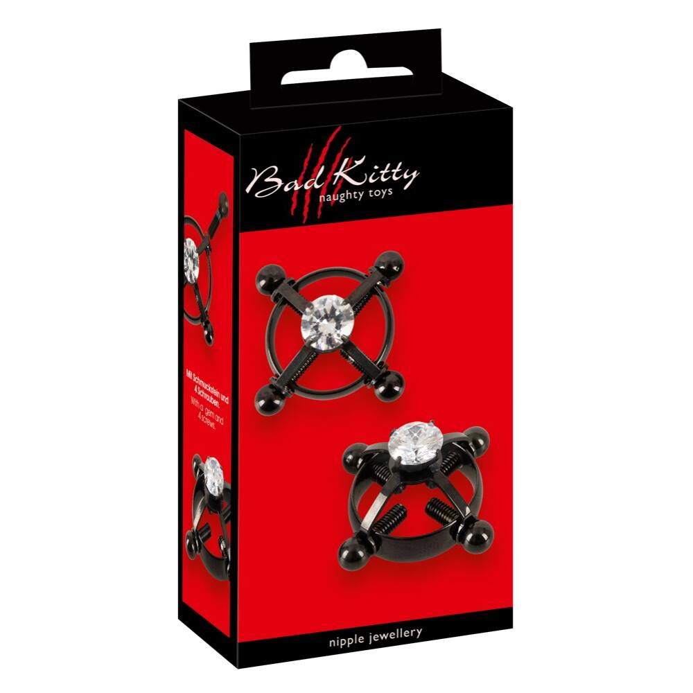 E-shop Bad Kitty - skrutkovací šperk na bradavky (so štrasovými kamienkami) - čierny