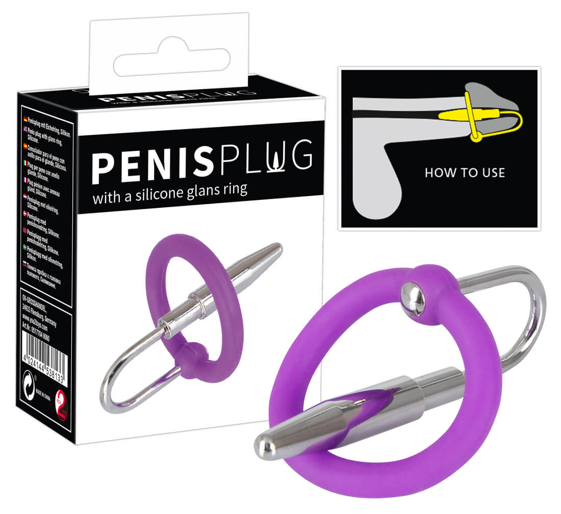 E-shop Penisplug - silikónový krúžok na žaľud so stimulátorom močovej trubice (fialovo-strieborný)