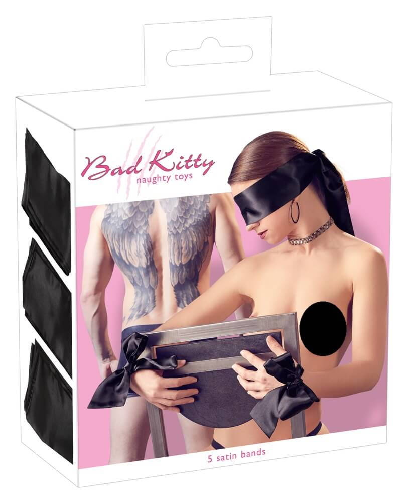 E-shop Bad Kitty – saténová zväzovacia súprava (čierna) – 5 dielna