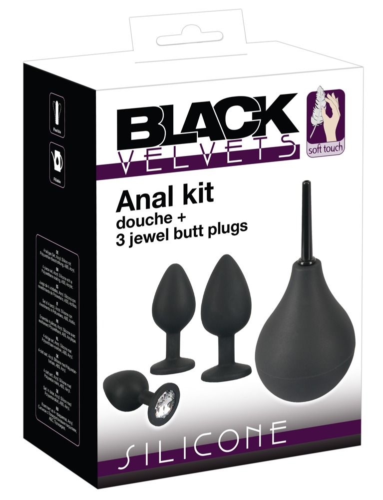 E-shop Black Velvets Anal Kit Silicone Douche + 3 Jewel Butt Plugs