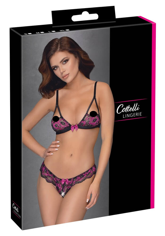 E-shop Cottelli - embroidered floral bra set (black-purple)XL